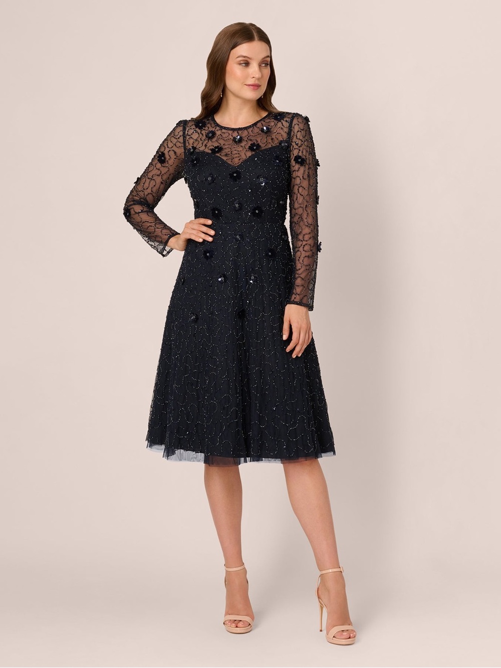 Size 2 Adrianna Papell Long Sleeve Illusion Floral Beaded Midi Dress In Midnight